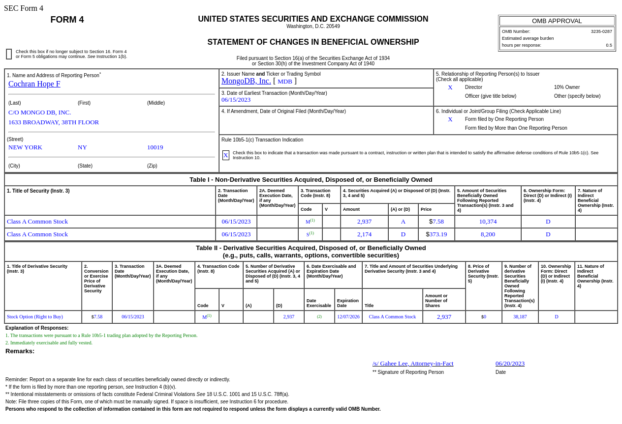 MongoDB(MDB.US)董事售出2,174股普通股股份，价值约为81.13万美元