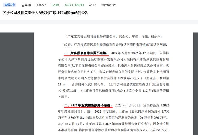 预盈变亏损、四年多未将控股孙公司纳入合并报表，宝莱特董事长、实控人燕金元等人遭警示：近两年盈利平均暴跌七成