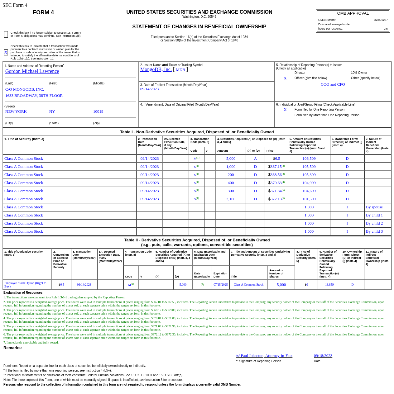 MongoDB(MDB.US)高管售出5,000普通股股份，价值约185.41万美元